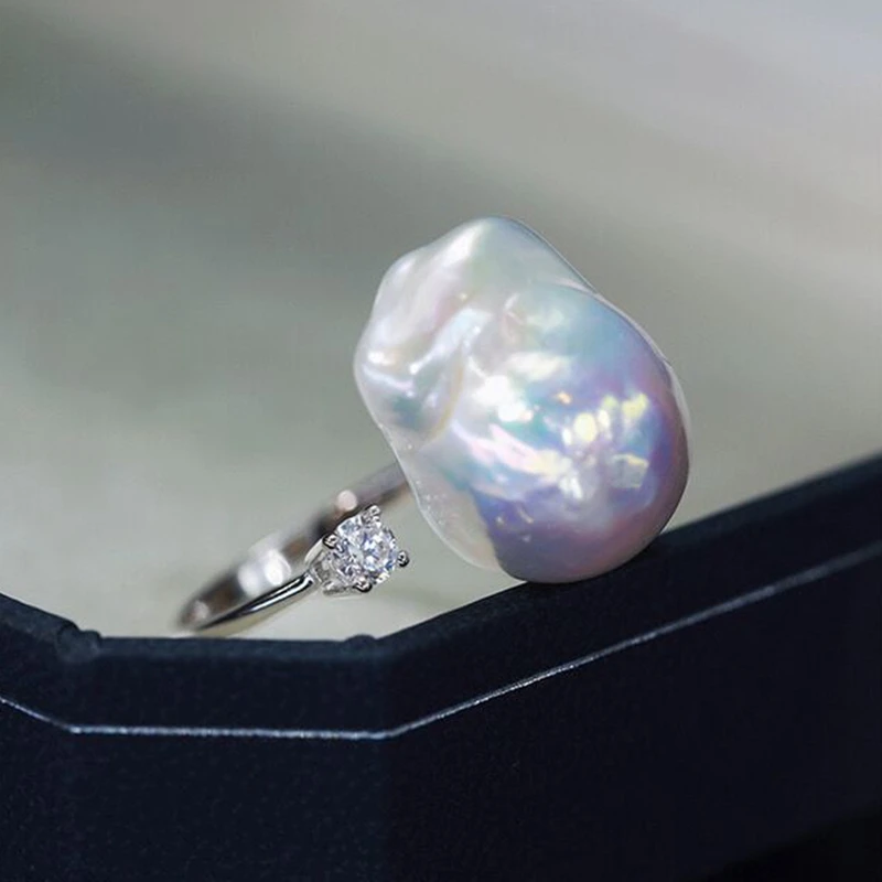 Natural Fresh Water Cold Irregular Baroque Pearl Sterling Silver Simple Opening Ring