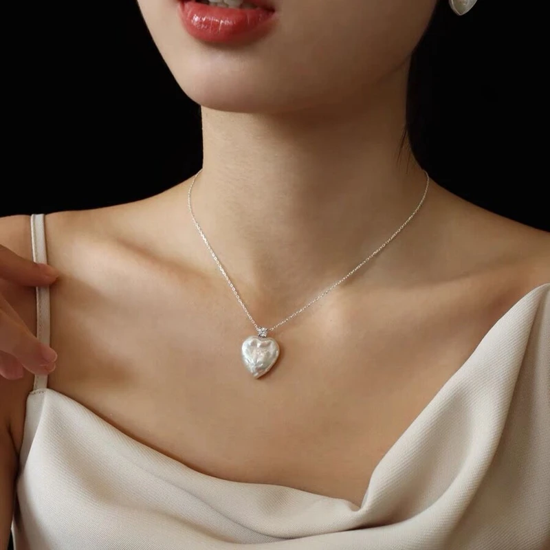 Natural Freshwater Baroque Love Shaped Pearl Pendant Necklace Sterling Silver Princess Zircon Style Collar Chain