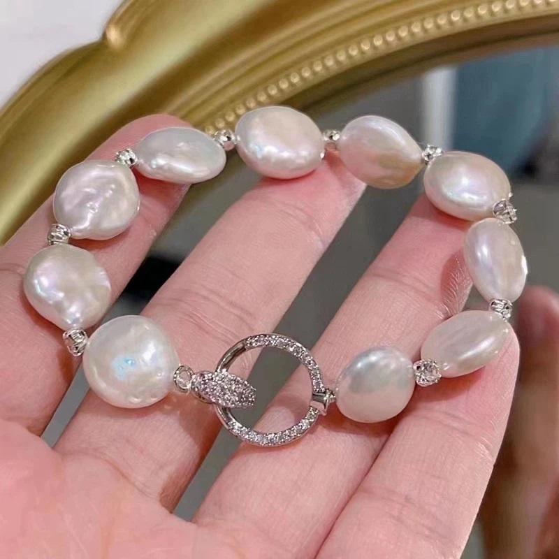 Natural Freshwater Pearl Bracelet Baroque Irregular Button Shape Silver Zircon Simple Retro Versatile Premium Hand Jewelry