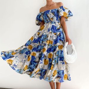 Print Midi Dresses Floral Print Layered Pleated Backless Bohemian - Image 3