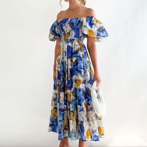 Print Midi Dresses Floral Print Layered Pleated Backless Bohemian - Image 4