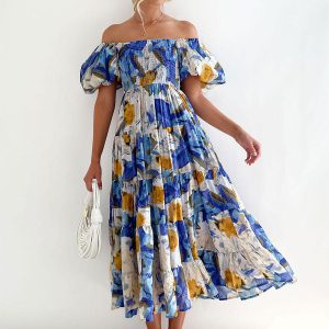 Print Midi Dresses Floral Print Layered Pleated Backless Bohemian - Image 5