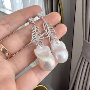 Shaped Baroque Pearl Earrings Sterling Silver Feather White Zircon - Image 2