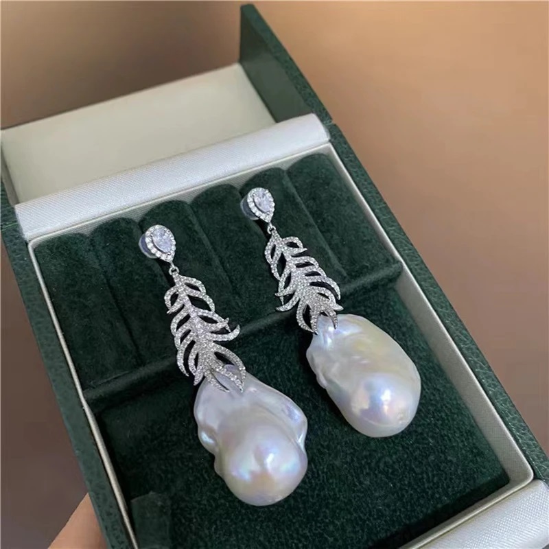 Shaped Baroque Pearl Earrings Sterling Silver Feather White Zircon