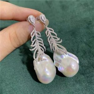Shaped Baroque Pearl Earrings Sterling Silver Feather White Zircon - Image 3