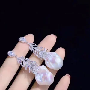 Shaped Baroque Pearl Earrings Sterling Silver Feather White Zircon - Image 4