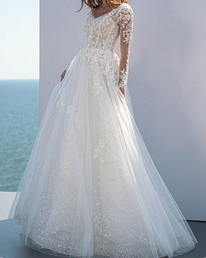 Simple Wedding Dress With Train Lace A-Line Bridal Dresses