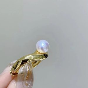 Super Heavy Gold Ring Sterling Silver with Natural Freshwater AKOYA Pearl Round Strong Light Adjustable Ring - Image 3