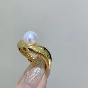 Super Heavy Gold Ring Sterling Silver with Natural Freshwater AKOYA Pearl Round Strong Light Adjustable Ring - Image 2