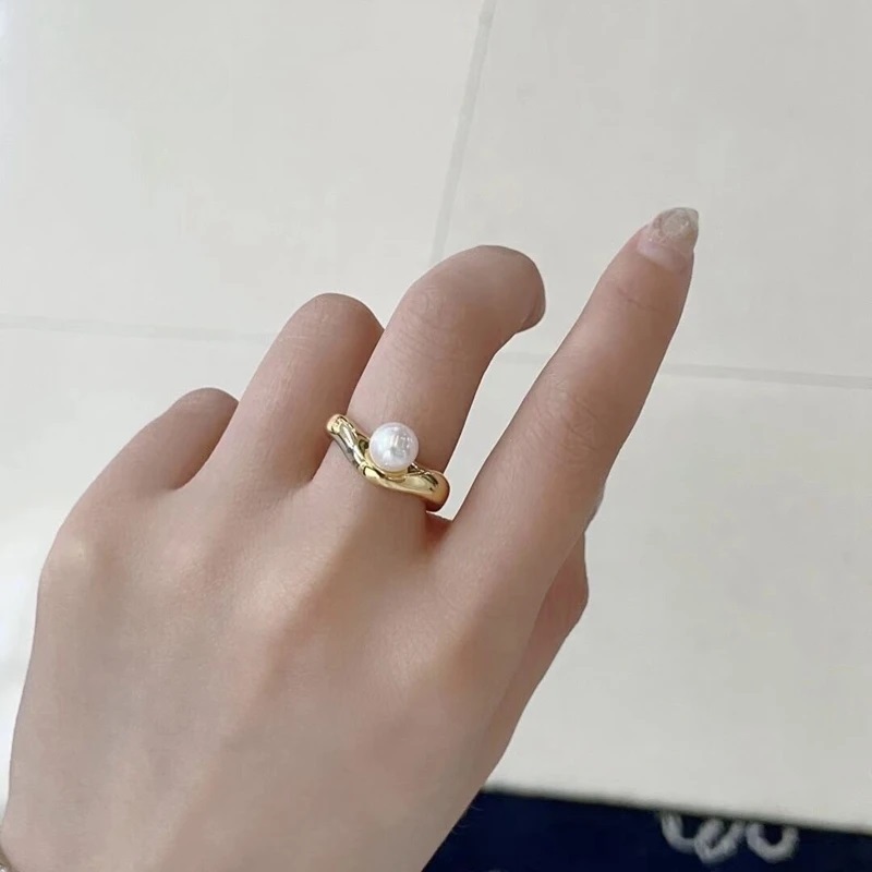 Super Heavy Gold Ring Sterling Silver with Natural Freshwater AKOYA Pearl Round Strong Light Adjustable Ring