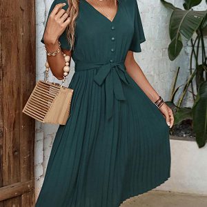 V-Neck Short Sleeves Midi Dress