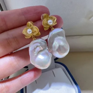 Vintage Baroque Lotus Shape Gentle Premium Pearl Earrings - Image 2
