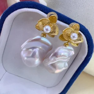 Vintage Baroque Lotus Shape Gentle Premium Pearl Earrings - Image 3