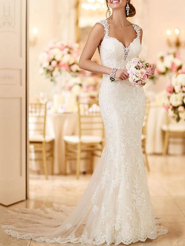Wedding Bridal Gowns Mermaid Queen Annie Neck Sleeveless Lace