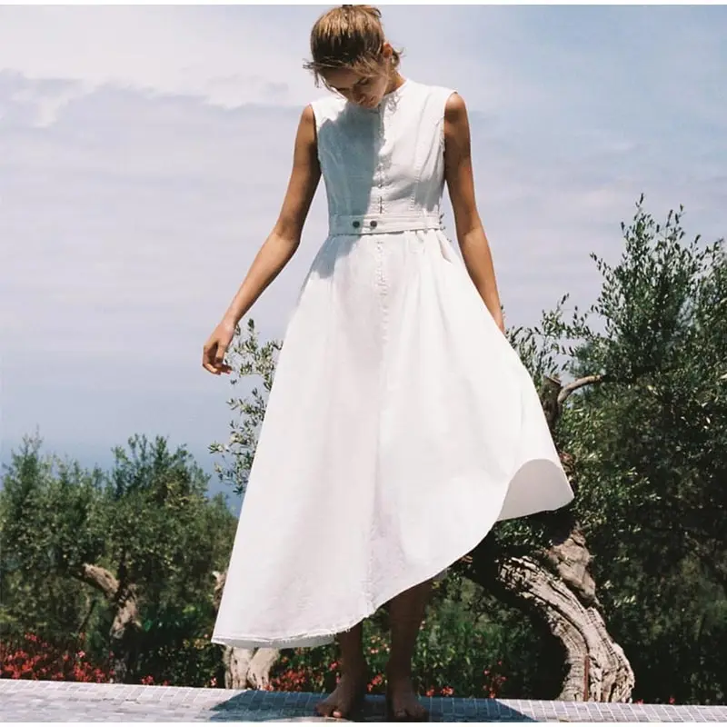 White O-neck with Belt Dresses Fashion Zipper Lady Vestidos Elegant Dissymmetry Dress