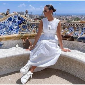 White O-neck with Belt Dresses Fashion Zipper Lady Vestidos Elegant Dissymmetry Dress - Image 2