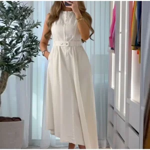 White O-neck with Belt Dresses Fashion Zipper Lady Vestidos Elegant Dissymmetry Dress - Image 3
