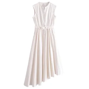 White O-neck with Belt Dresses Fashion Zipper Lady Vestidos Elegant Dissymmetry Dress - Image 4