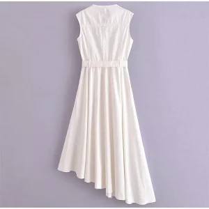 White O-neck with Belt Dresses Fashion Zipper Lady Vestidos Elegant Dissymmetry Dress - Image 5