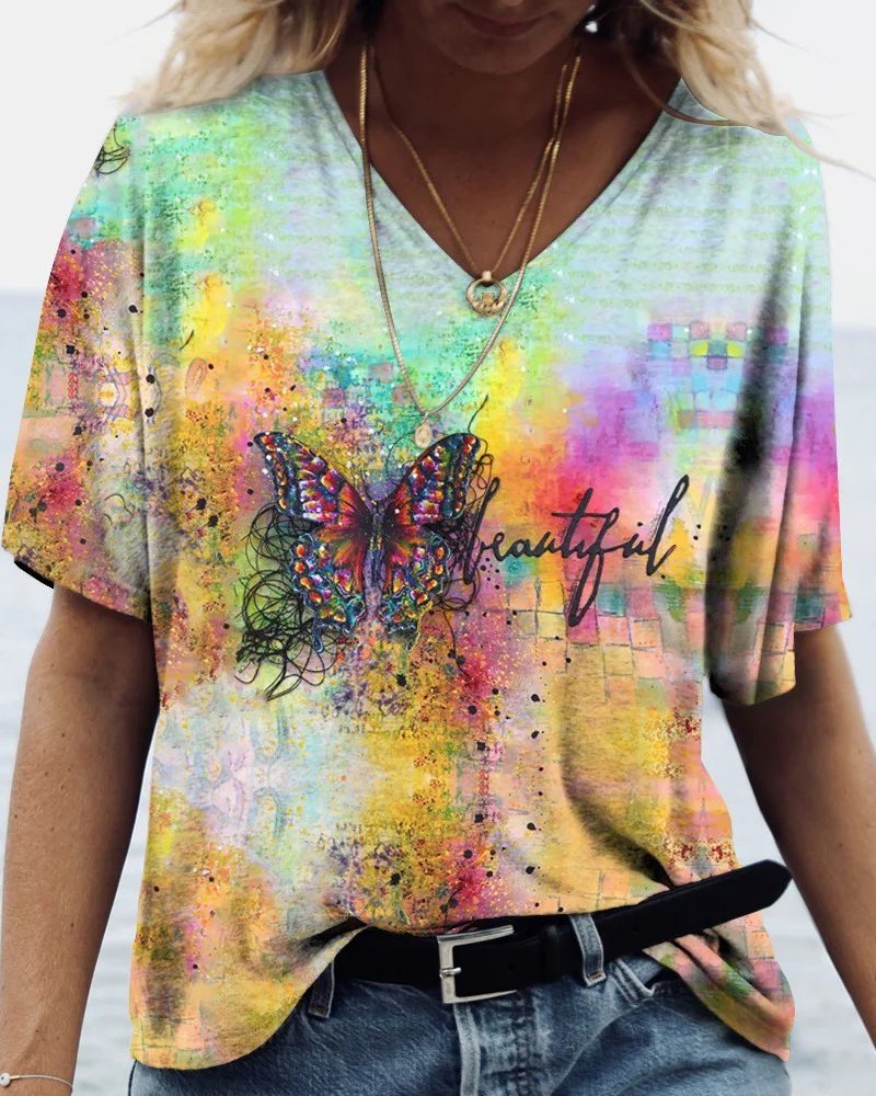 Women's T-Shirt Vintage Casual Fashion Butterfly Print Loose Daily Design Clothing