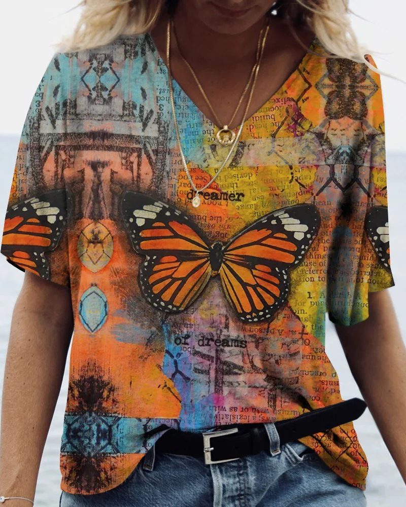 Women's T-Shirt Vintage Casual Fashion Butterfly Print Loose Daily Clothing