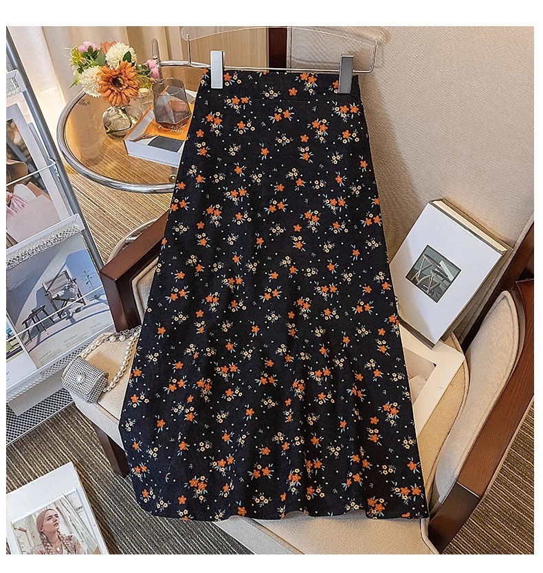 All-Match Feminine Floral Corduroy Midi Skirt - Perfect for Casual Occasions