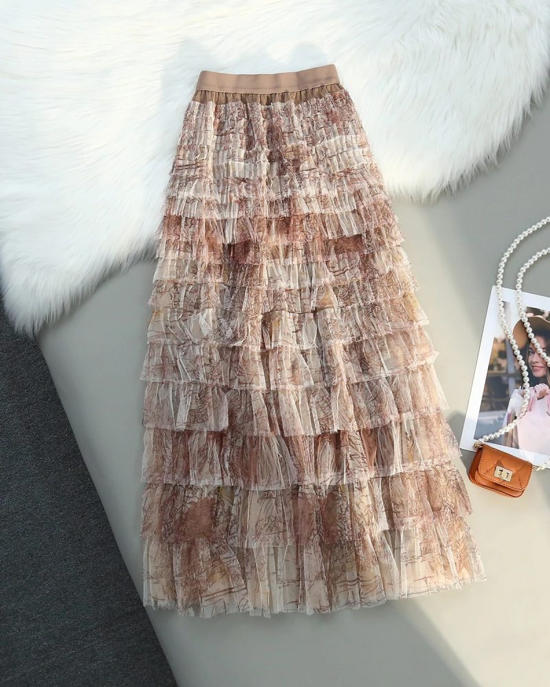 All-Season Retro Pleated Tulle Skirt Elegant Prints for the Fashion-Conscious