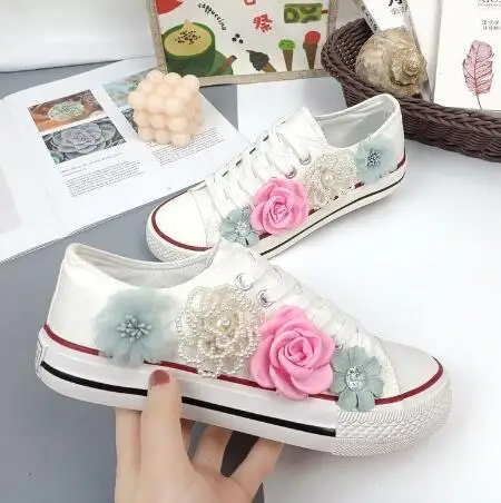 Autumn Elegance Women's Canvas Shoes with Pearl Beading - Rhinestone Accented Vulcanized Platform
