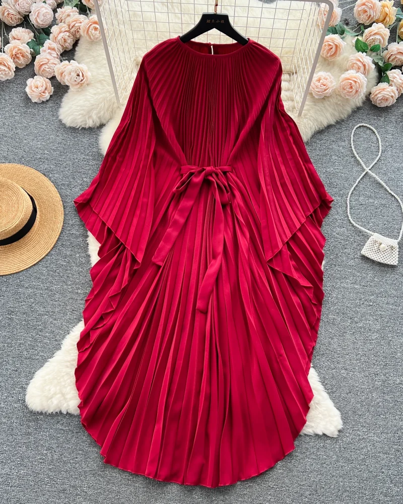 Batwing Sleeve Female Pleated Dress Ladies A-line Lace-up Maxi Dress