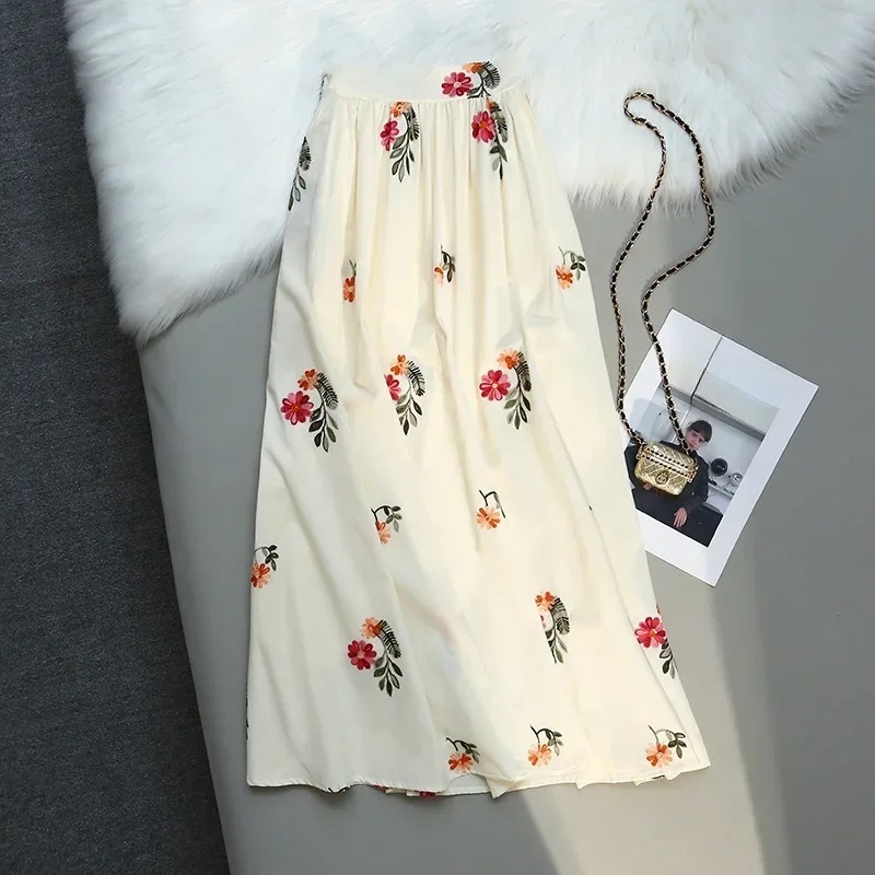 Casual Collection High Street Sweet Girls Chic Print Soft Retro Embroidery Half Skirt