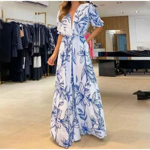 Charming Flowing Floral Printed Maxi Dress Empire Waist with Lace-Up - Image 5