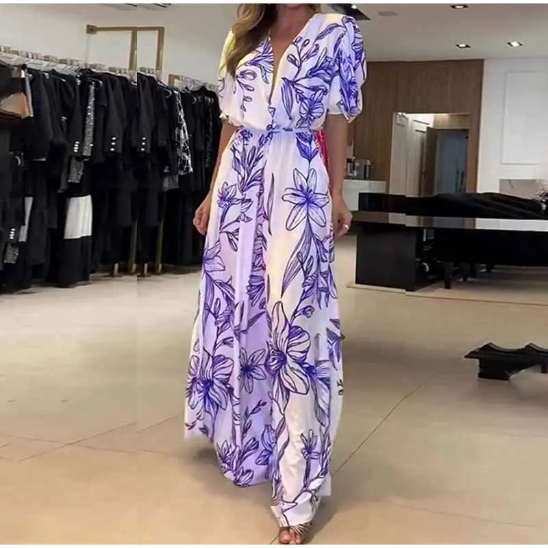 Charming Flowing Floral Printed Maxi Dress Empire Waist with Lace-Up