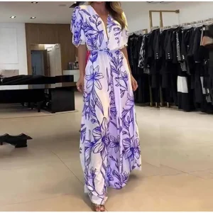 Charming Flowing Floral Printed Maxi Dress Empire Waist with Lace-Up - Image 2