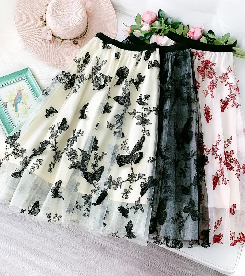 Charming Mid-Calf Pleated Tulle Skirt Elegant Butterfly Embroidery for Every Occasion