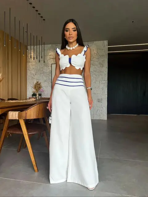 Chic Elegance Two-Piece Ensemble: Deep V-Neck Crop Top and High-Waisted Wide-Leg Pants Set