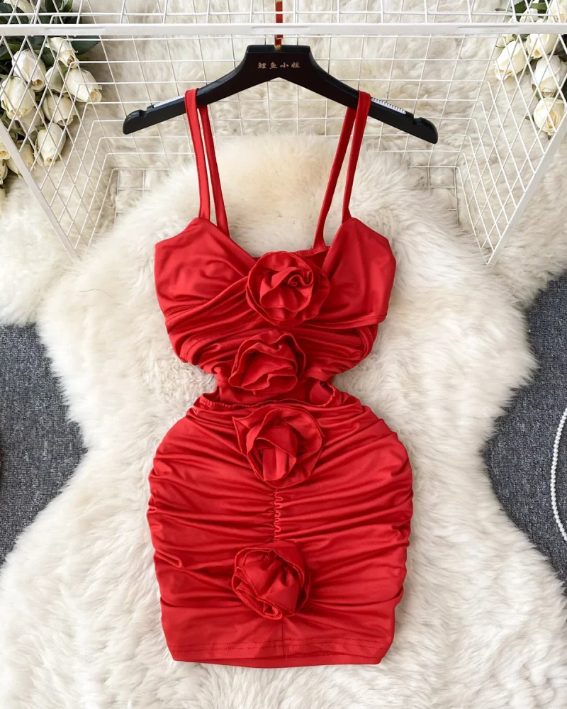 Dress Women 3D Floral Spaghetti Strap Sheath Female Mini Dresses Folds