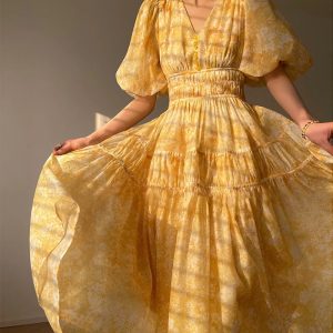 Elegant Elastic Waist Puff Sleeve Slim Floral Printed Vintage Dress