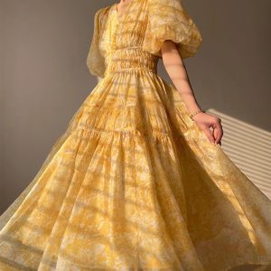 Elegant Elastic Waist Puff Sleeve Slim Floral Printed Vintage Dress - Image 2
