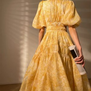 Elegant Elastic Waist Puff Sleeve Slim Floral Printed Vintage Dress - Image 4