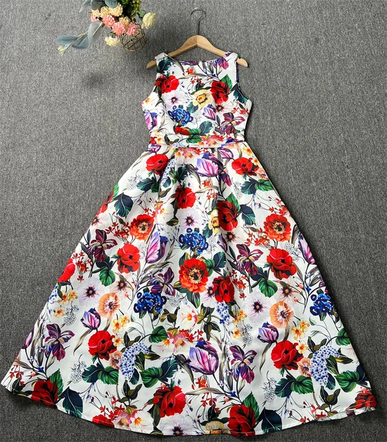 Elegant Floral A-Line Midi Dress – O-Neck Sleeveless Design for Year-Round Style