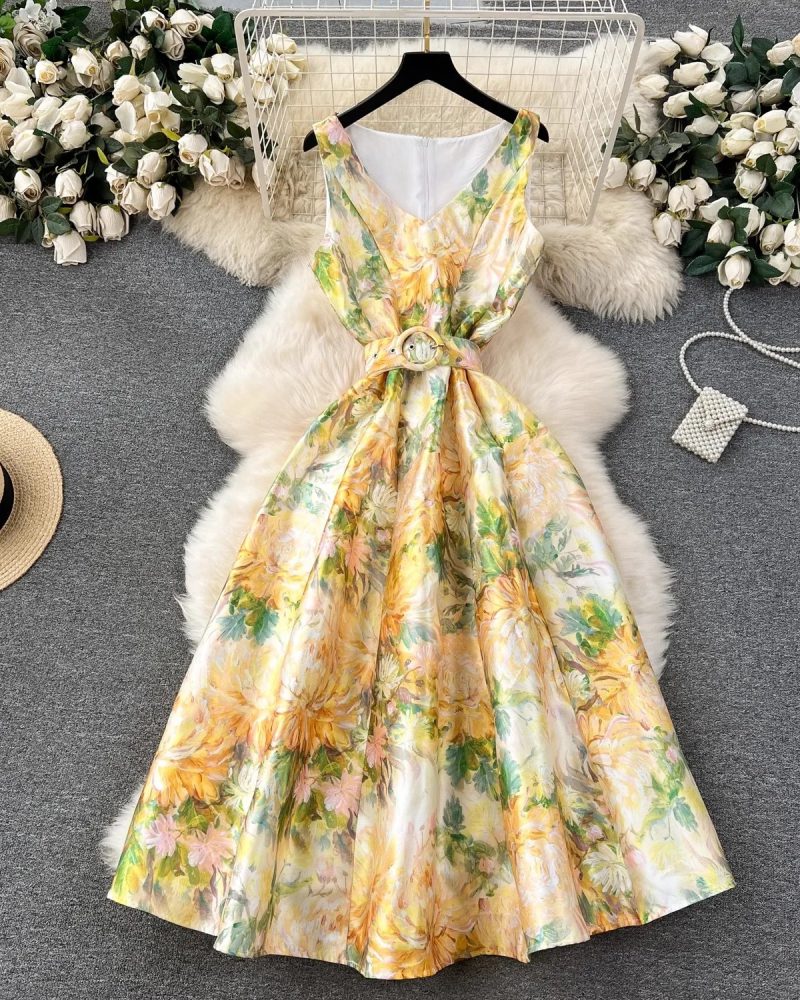 Elegant Floral Jacquard A-Line Midi Dress with Sash Belt