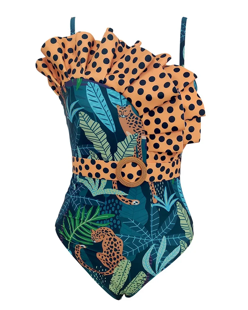 Elegant Plaid One-Piece Belted Swimsuit Summer Chic Ruffled Swimwear