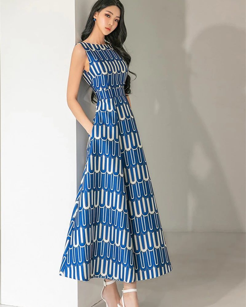 Elegant Slim Waist A-line Printed Dress Stylish Vestidos