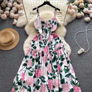 Elegant Spaghetti Strap V-Neck Bowknot Dress Mid-Calf Floral Boho Chic - Image 3