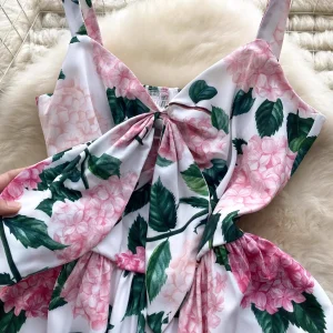 Elegant Spaghetti Strap V-Neck Bowknot Dress Mid-Calf Floral Boho Chic - Image 4