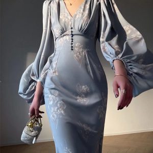 Elegant V-neck Vintage Slim Waist Ladies Vestidos Printed Mermaid Dress - Image 2