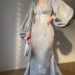 Elegant V-neck Vintage Slim Waist Ladies Vestidos Printed Mermaid Dress