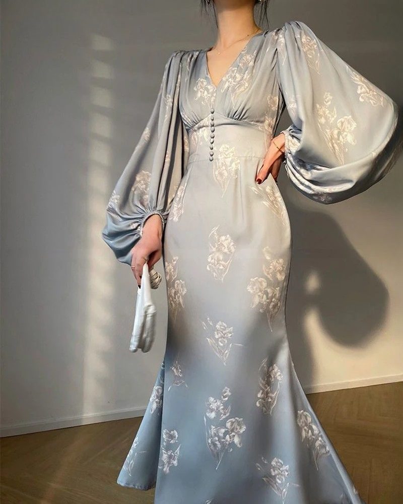 Elegant V-neck Vintage Slim Waist Ladies Vestidos Printed Mermaid Dress