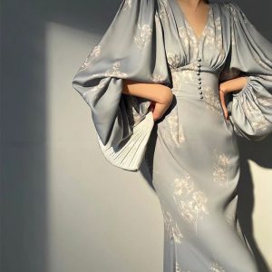 Elegant V-neck Vintage Slim Waist Ladies Vestidos Printed Mermaid Dress - Image 4