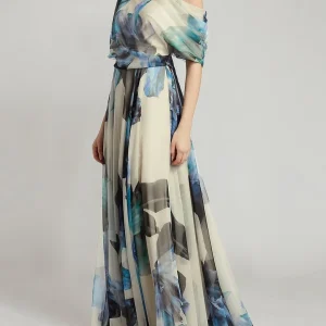 Exclusive Print Chiffon Dress Elegant Diagonal Neckline Style Statement